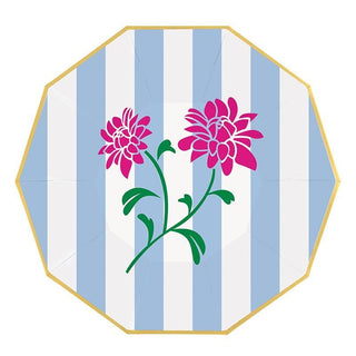 Mahjong floral decagon foil paper plates with gold stripe border
