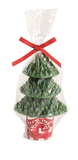 Christmas Topiary Candles featuring hand-painted wax Christmas tree designs in festive decorative pots.