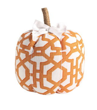 Decorative orange and white patterned cotton pumpkin with a jute-wrapped stem and white grosgrain ribbon bow.
