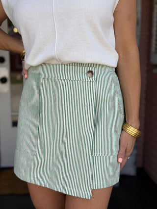 Miranda Skort green and white striped skort with front wrap detail