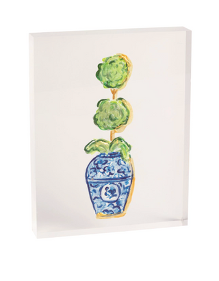 Topiary acrylic plaque with blue and white planter design