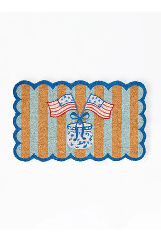 Liberty Stripes Door Mat with patriotic red, white and blue flags on striped coir mat with scalloped edges